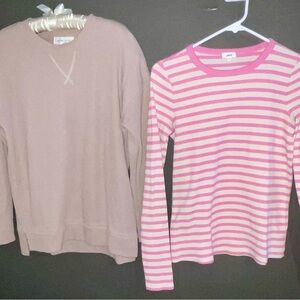Pink Striped Long Sleeve Shirt and Beige Sweater